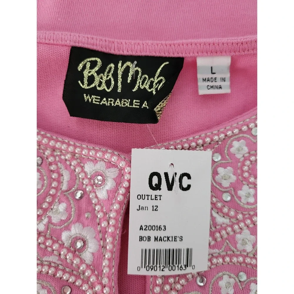 Bob Mackie Wearable Art Pink Beaded Embroidered Floral Keyhole Sweater L NWT